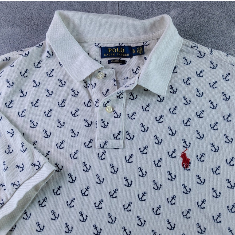Polo Ralph Lauren Mens XL Classic Fit Anchor Print Polo Shirt White Navy Blue